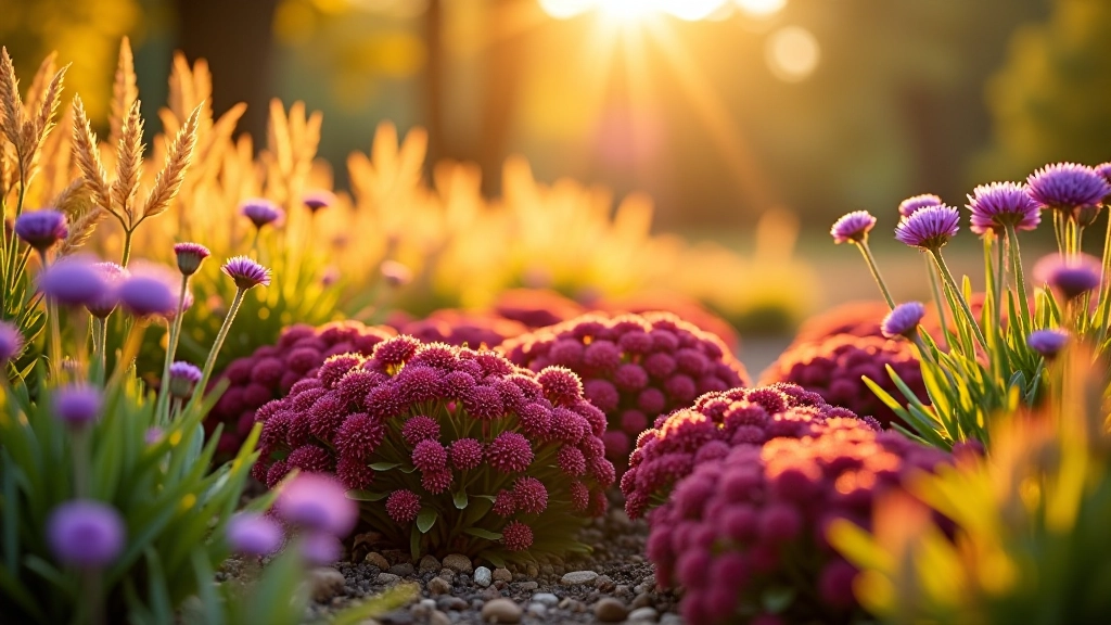 Autumn garden with deep burgundy sedum flowers, purple asters, golden ornamental grasses, and warm afternoon light creating long shadows