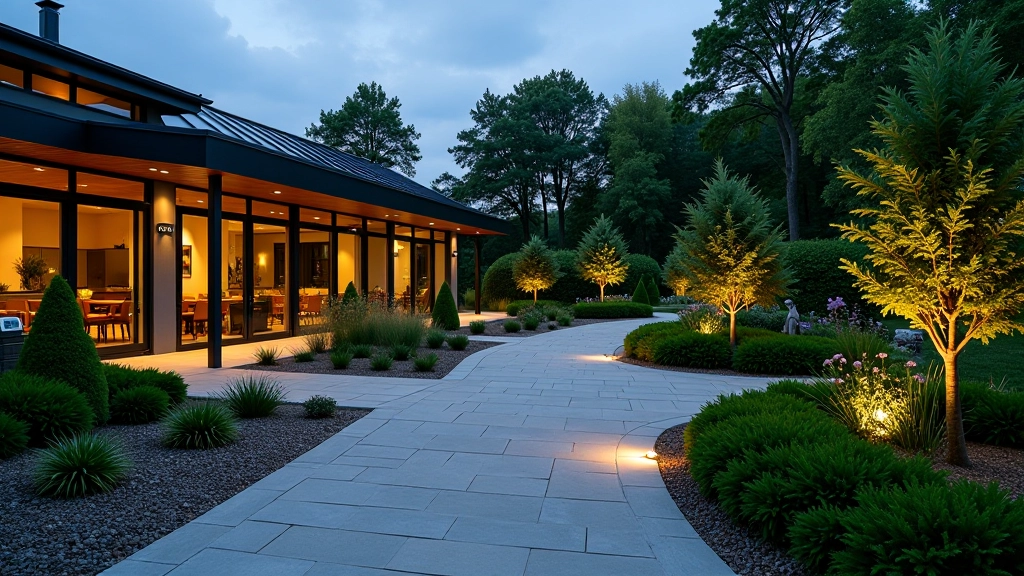 Commercial landscape with curved planting beds, feature lighting, and paved pathways