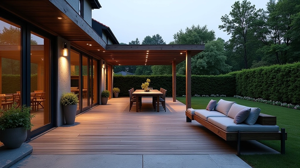 Contemporary outdoor terrace with composite decking and integrated seating