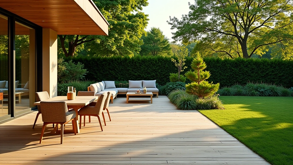 Wooden deck and patio furniture overlooking a manicured lawn with mature trees