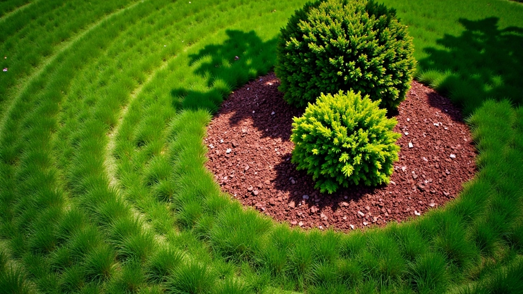 Garden bed with proper mulching around plants, showing proper mulch depth and application technique
