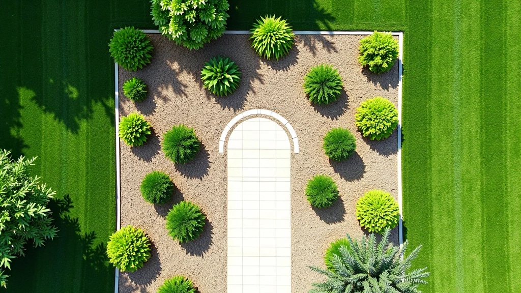 Bird's eye view of well-organized garden layout showing distinct planting zones and hardscape pathways