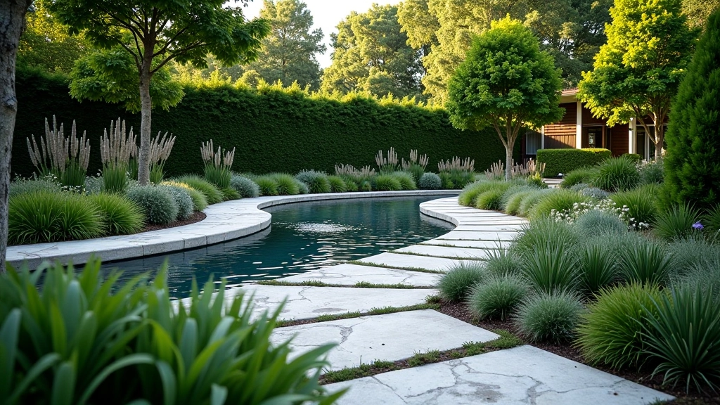 Integrated water feature and stone pathways through a professionally landscaped residential garden