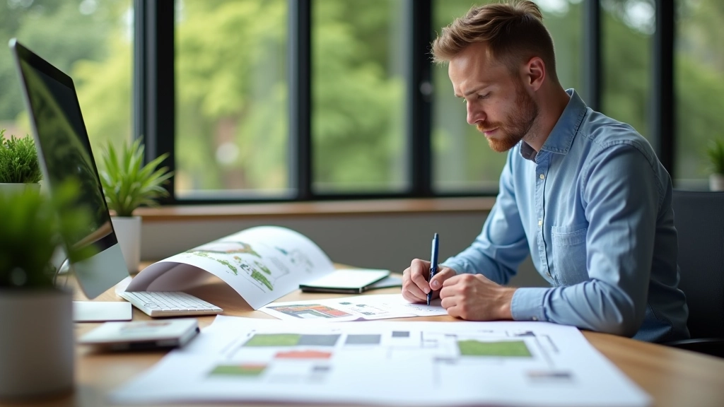 Landscape designer reviewing architectural plans at wooden desk with landscape sketches and plant samples
