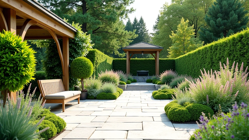 Beautiful landscaped garden with stone terrace and mature plants in afternoon sunlight