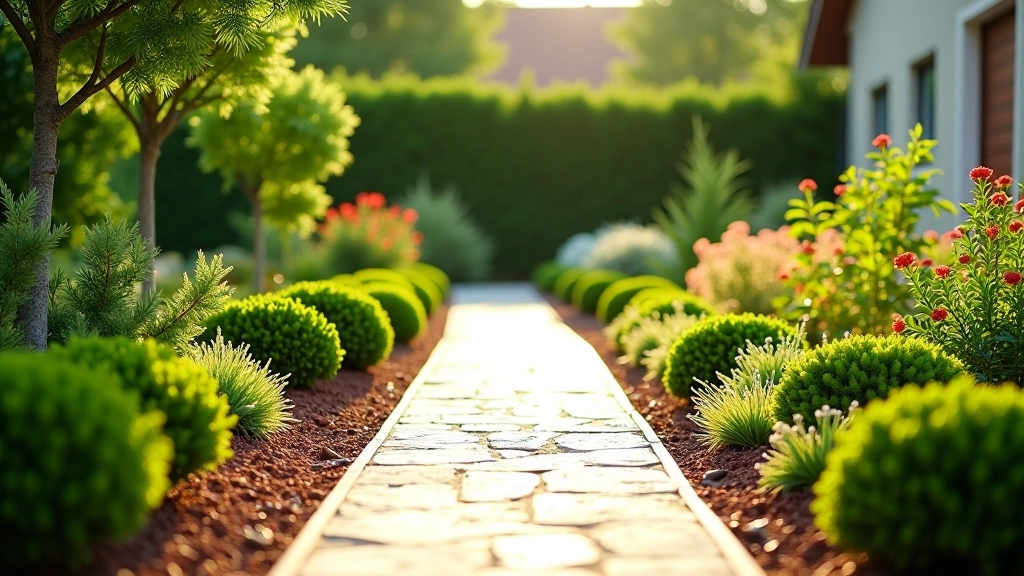 Well-designed garden with mulched beds, drought-tolerant plants, and clear pathways showing practical low-maintenance landscaping