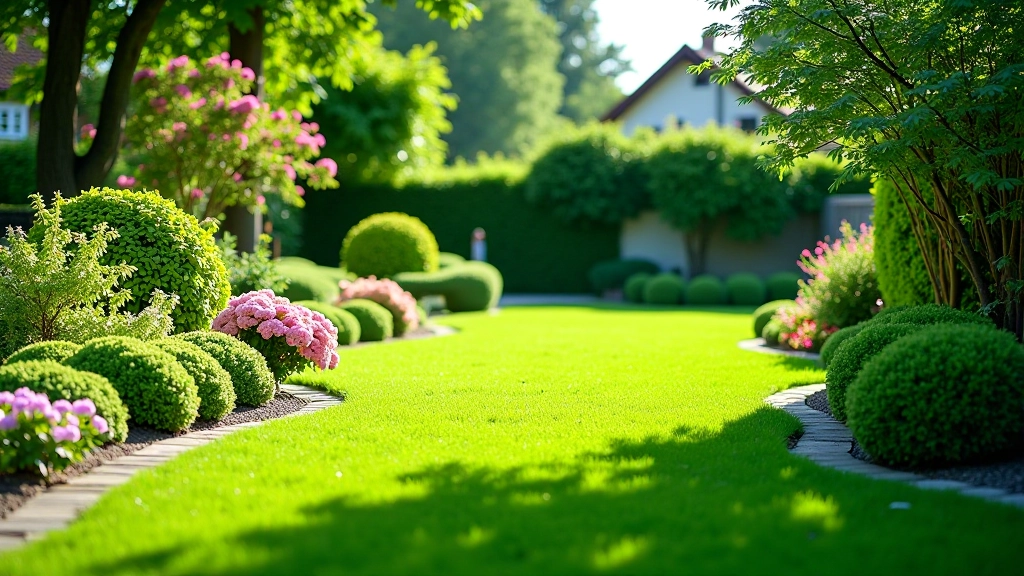 Lush garden with flowering shrubs, lawn area, and natural stone border edging