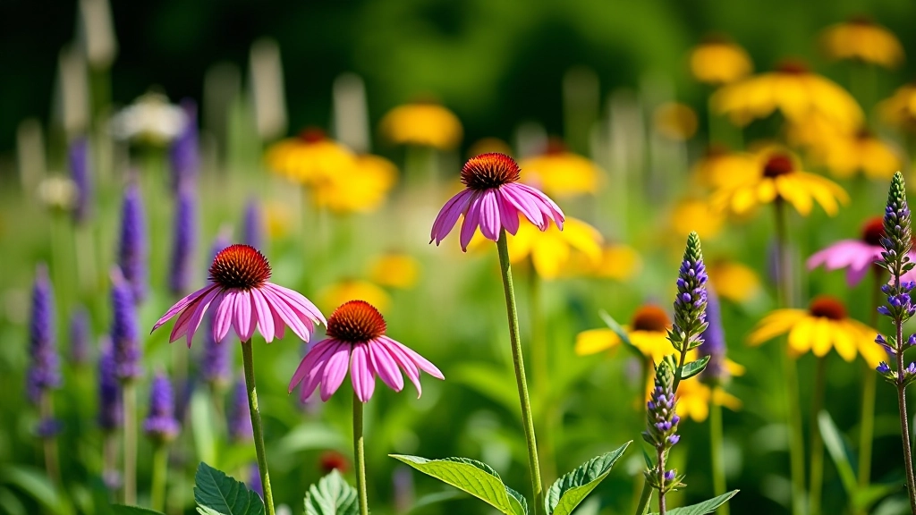 Summer garden display with pink coneflowers, purple salvia spikes, yellow rudbeckia flowers, and ornamental grass, full afternoon sun