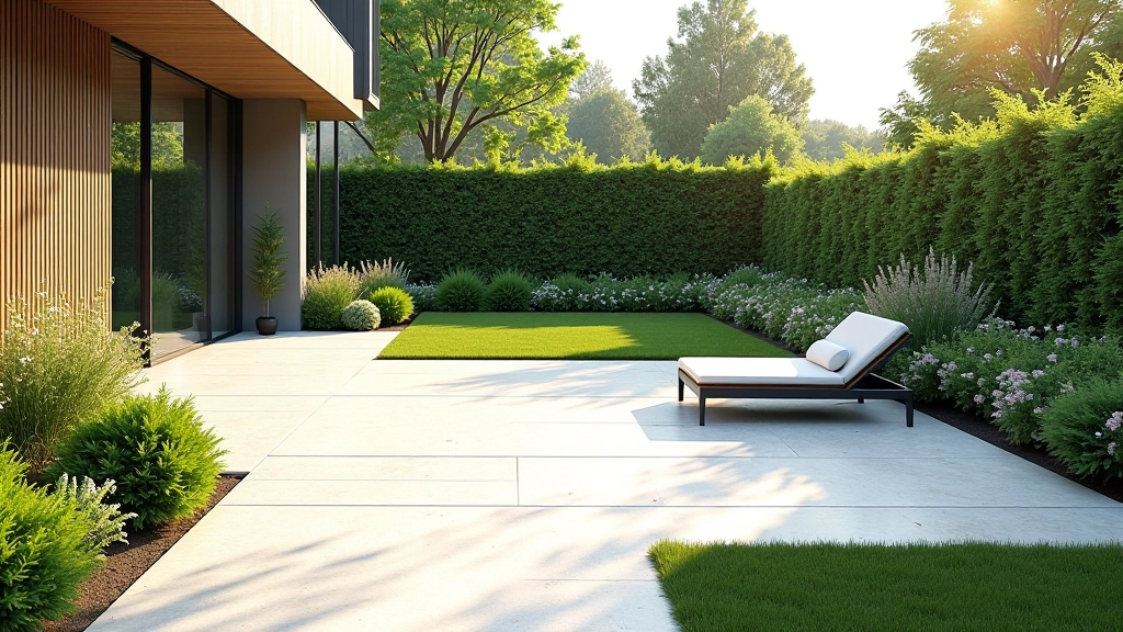 Modern landscape garden with stone terrace and mature plantings in residential outdoor space