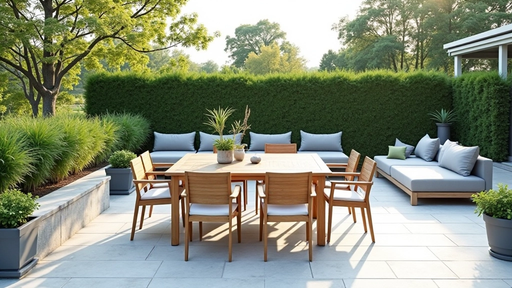 Outdoor furniture arrangement on terrace showing dining set and lounge seating with cushions