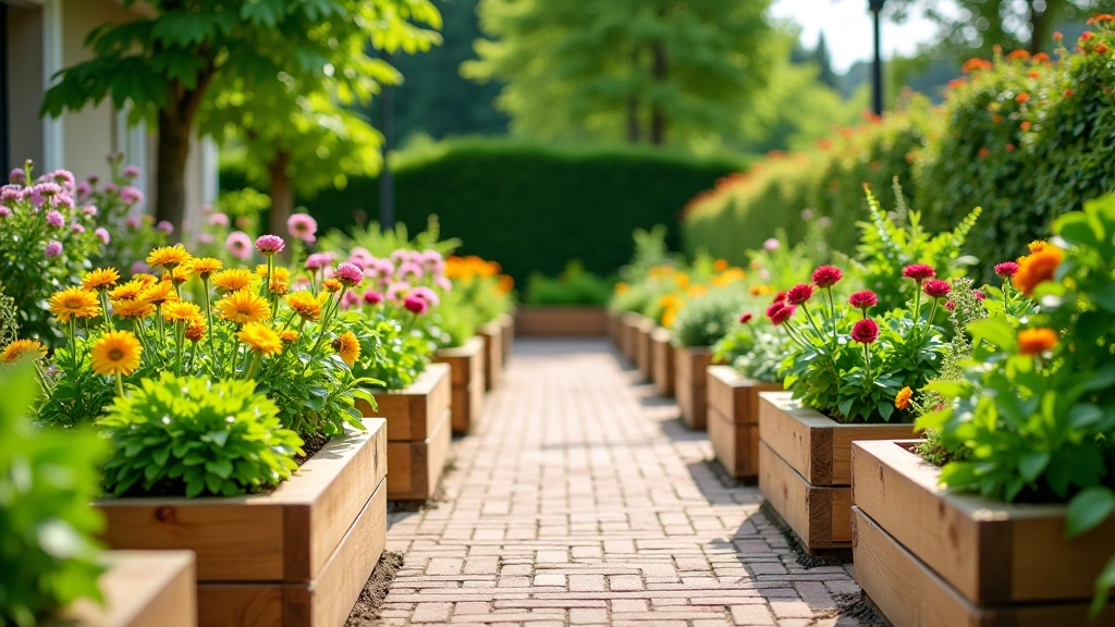 Modern raised garden beds with colorful perennials in a residential landscape design