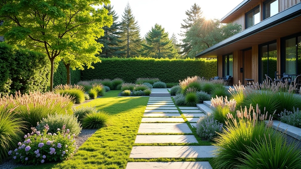 Modern residential garden with tiered planting beds and natural stone pathways