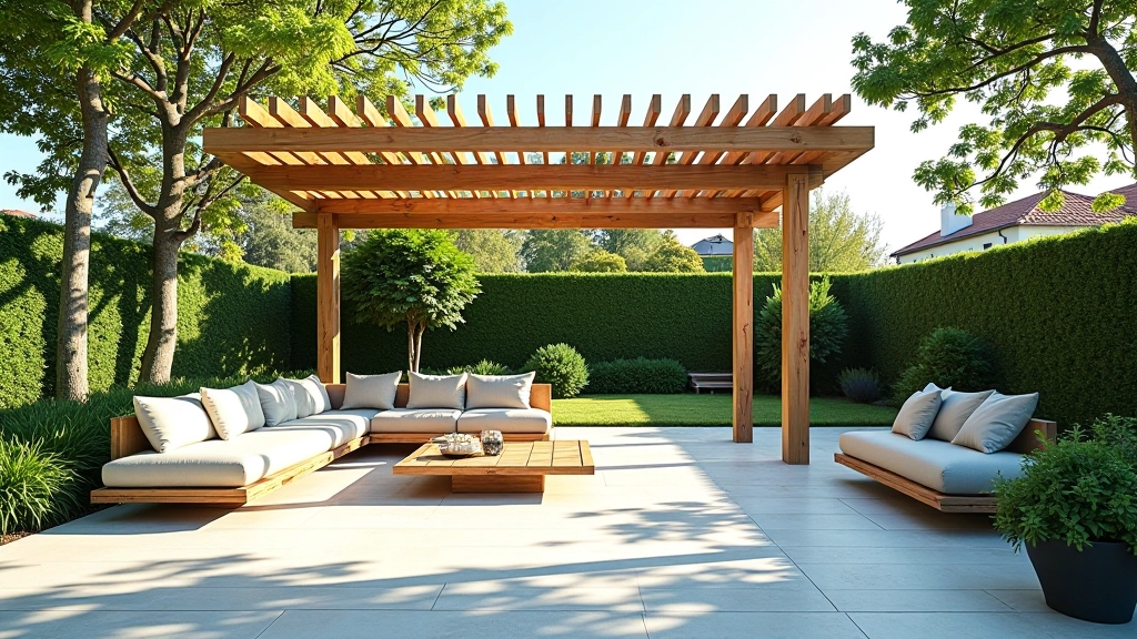 Terrace with pergola providing dappled afternoon shade, morning sunlight on seating area