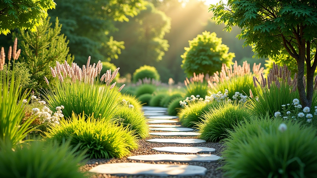 Native grass plantings and flowering shrubs in a naturalistic landscape design