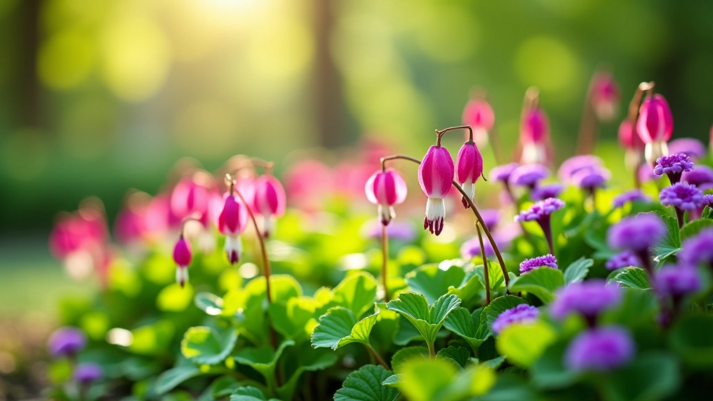 Spring garden bed with pink bleeding heart flowers and purple coral bells foliage, morning sunlight on tender new growth