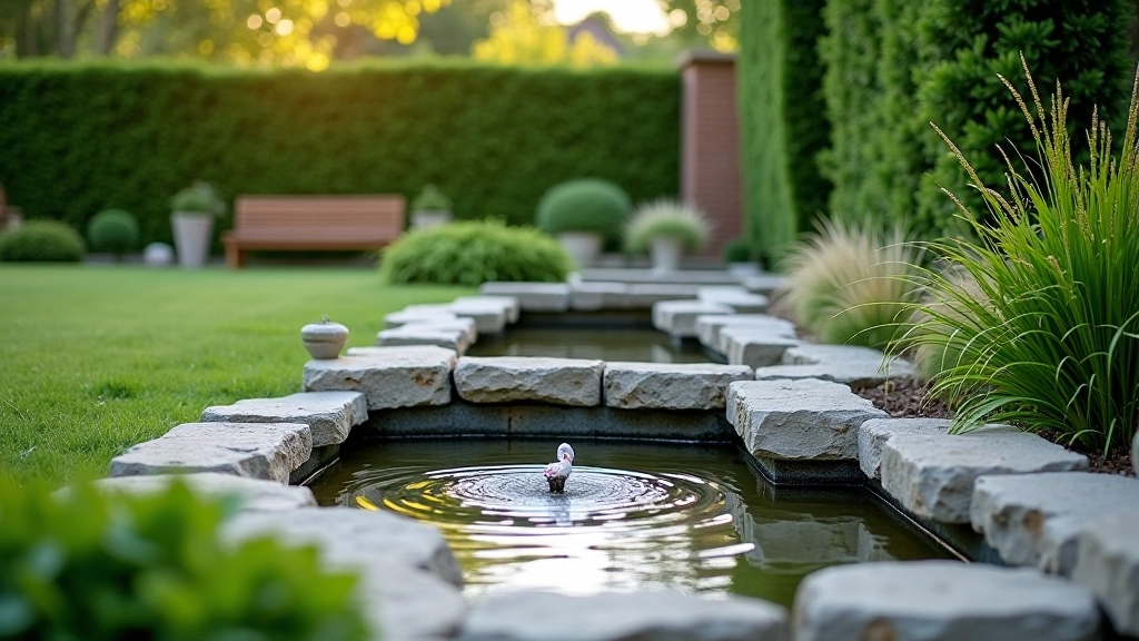 Professional installation of decorative water feature with stone edging and integrated drainage system in a landscaped garden setting