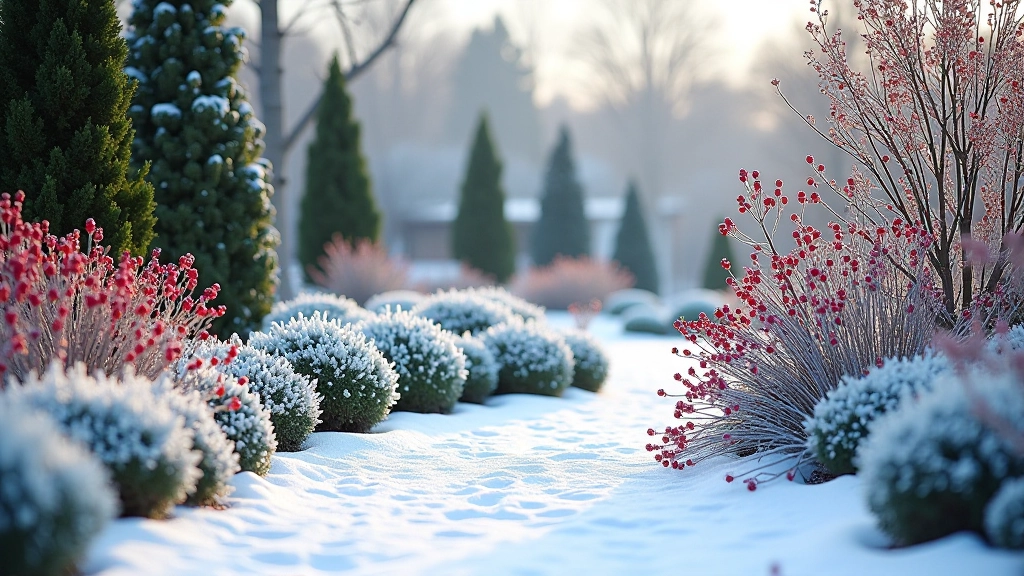 Winter garden landscape with evergreen shrubs, frost-covered ornamental grasses, and red berry-bearing branches against snow