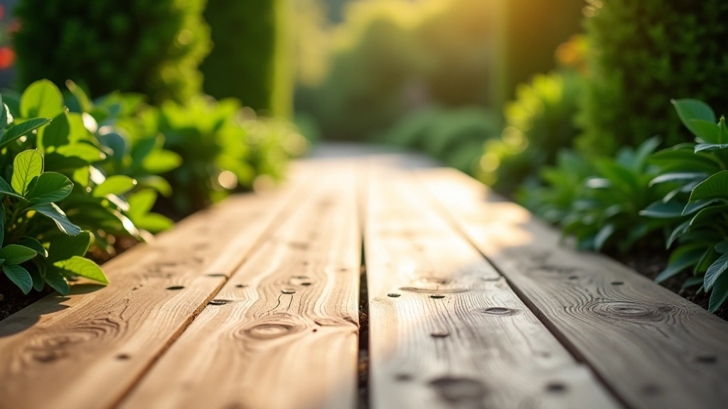 Wooden deck pathway with rich patina and integrated landscaping showing natural aging and weathering characteristics in a mature garden